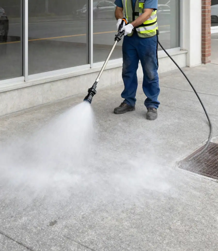 Pressure washing the sidewalk in front of a storefront