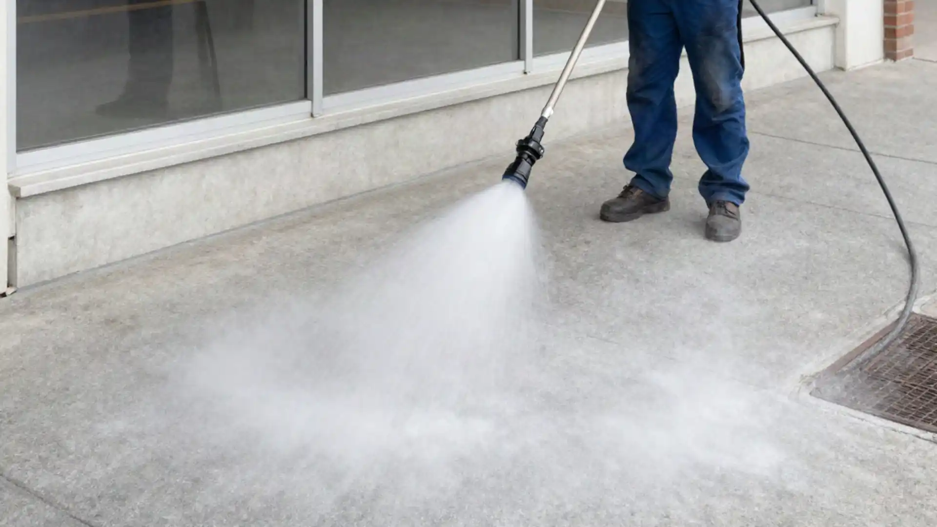 Pressure washing the sidewalk in front of a storefront