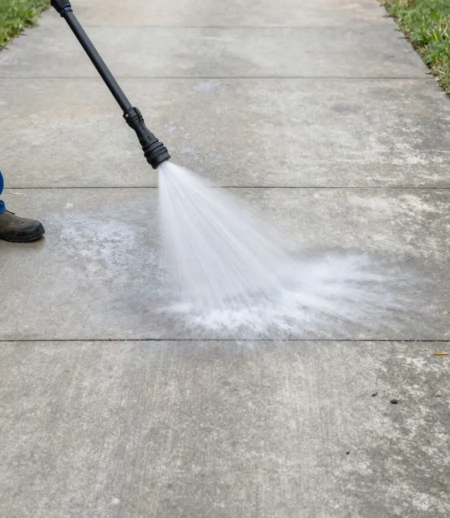 Pressure washing a concrete slab with a spray wand
