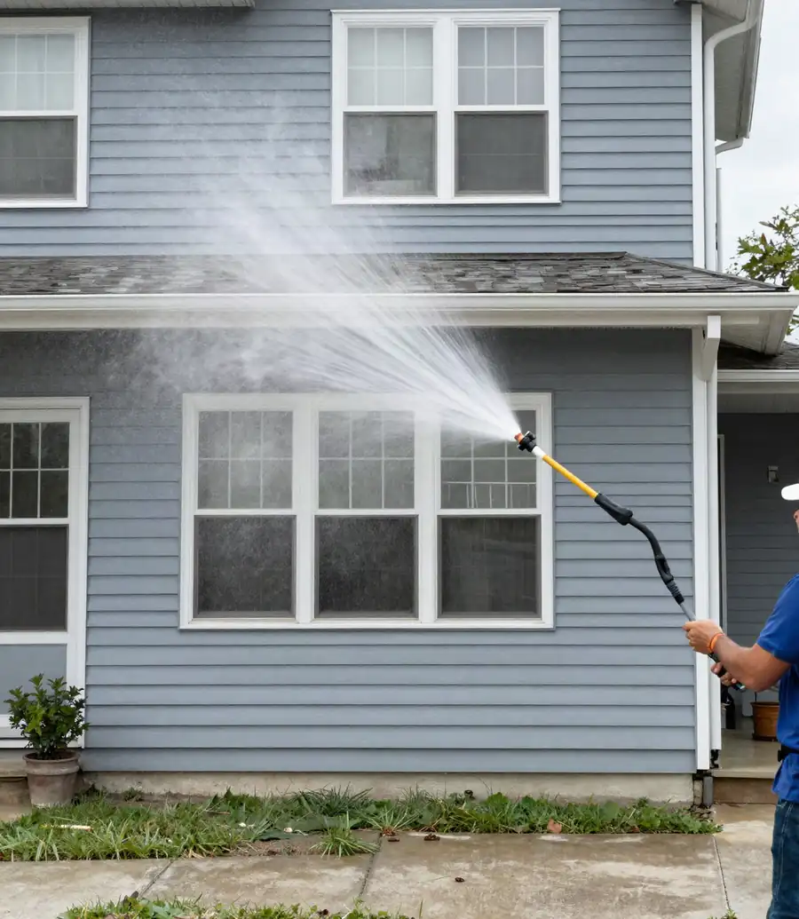 Soft-washing the vinyl siding of a two-story home