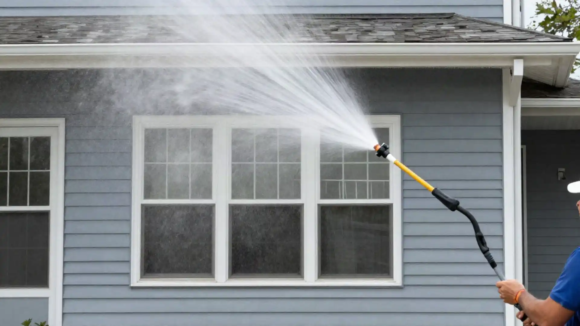 Soft-washing the vinyl siding of a two-story home