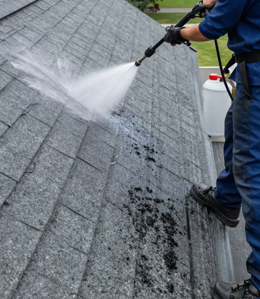 Rinsing algae streaks off an asphalt shingle roof