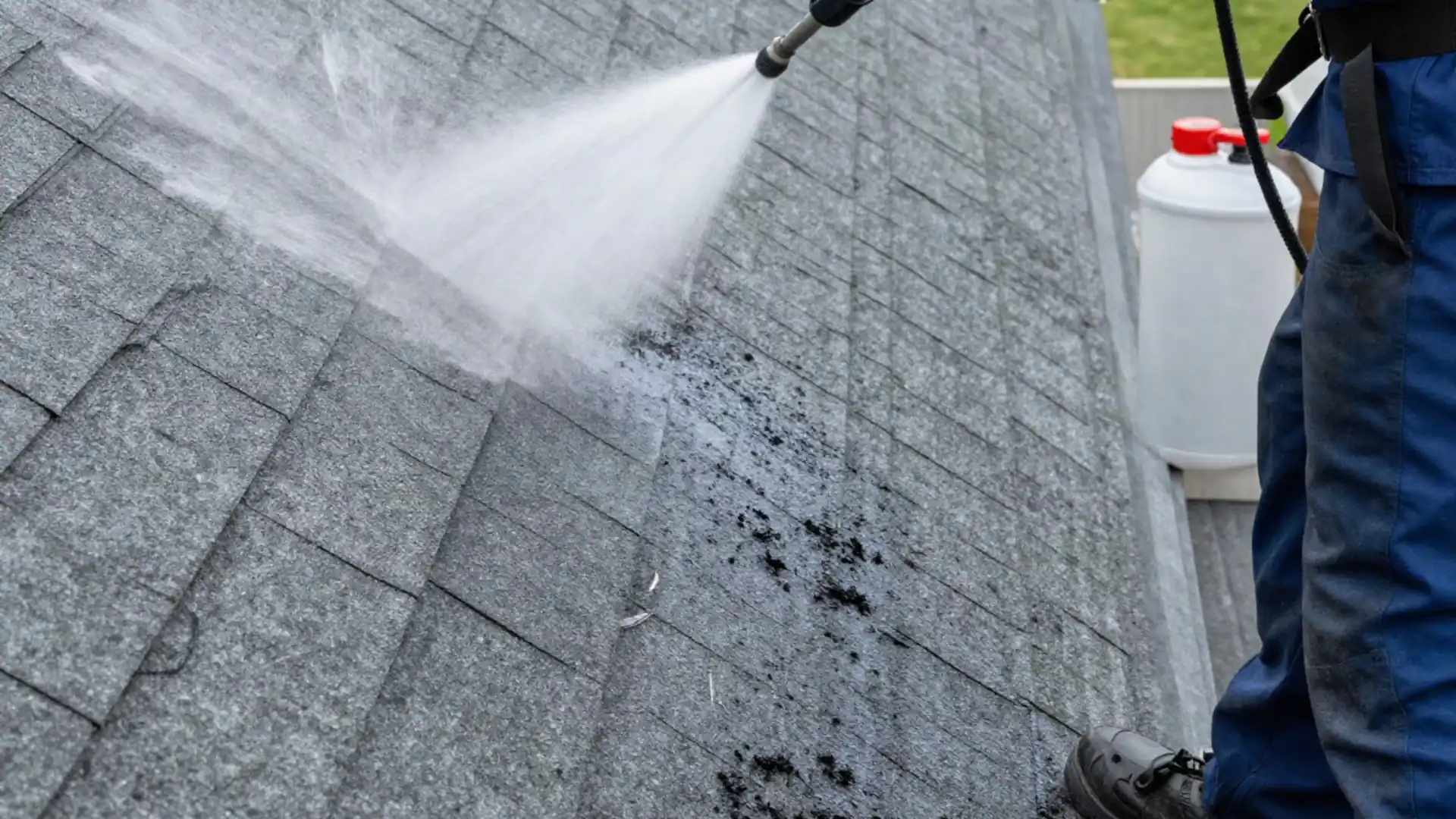 Rinsing algae streaks off an asphalt shingle roof