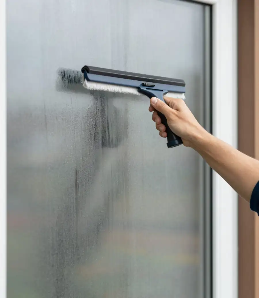 Cleaning an exterior window with a scrubber and squeegee