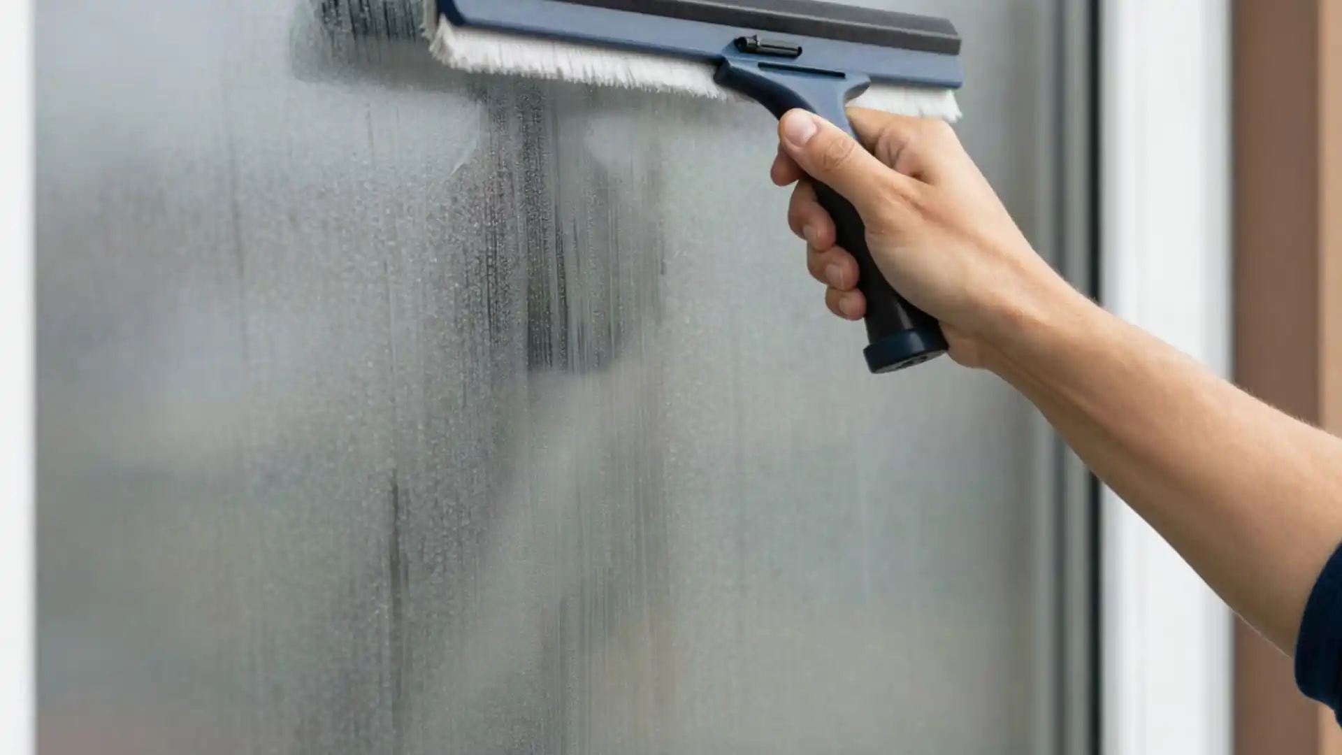 Cleaning an exterior window with a scrubber and squeegee